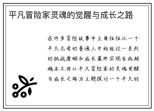 平凡冒险家灵魂的觉醒与成长之路